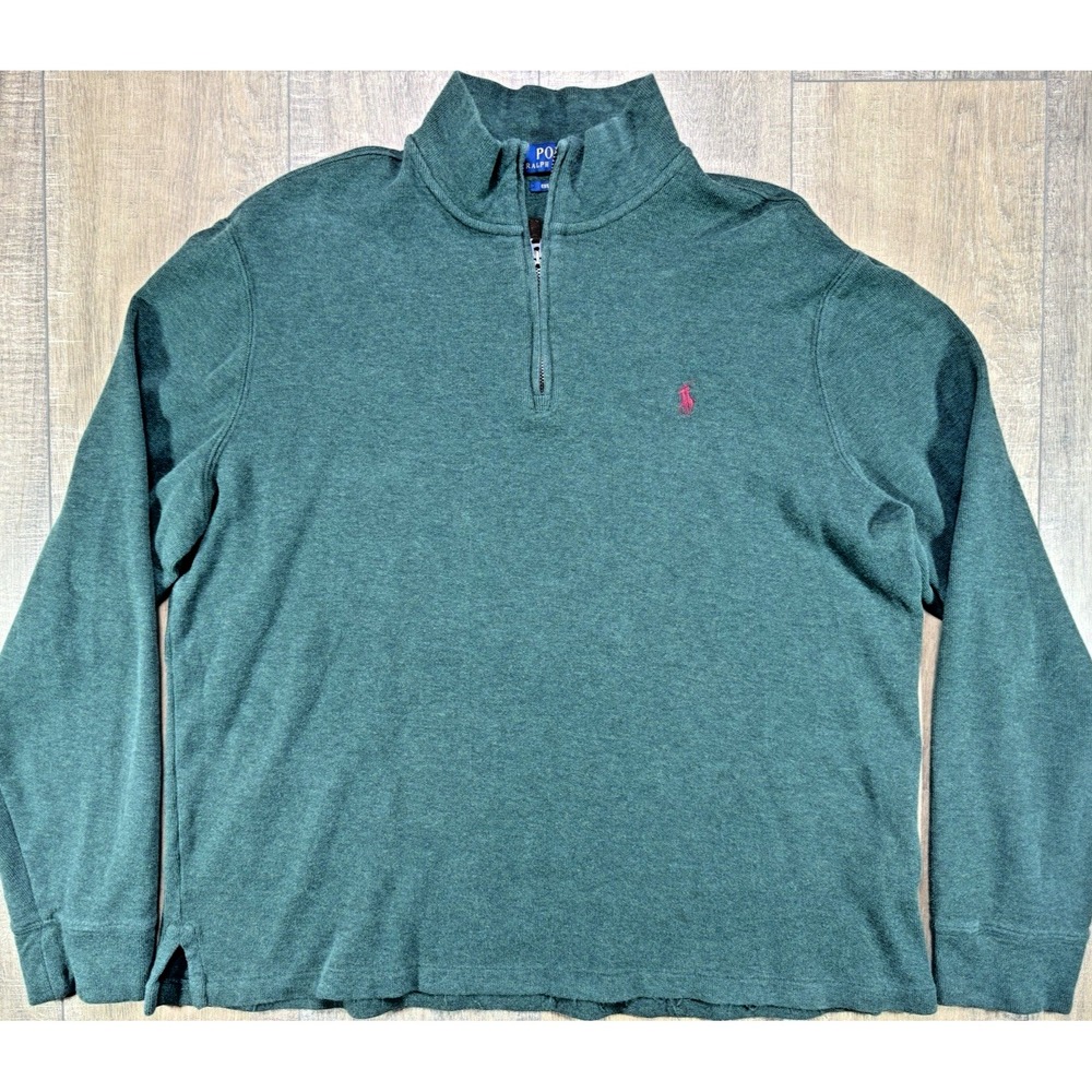 Polo Ralph Lauren Estate Rib Knit Quarter 1/4 Zip Sweater Men L Green Red Horse